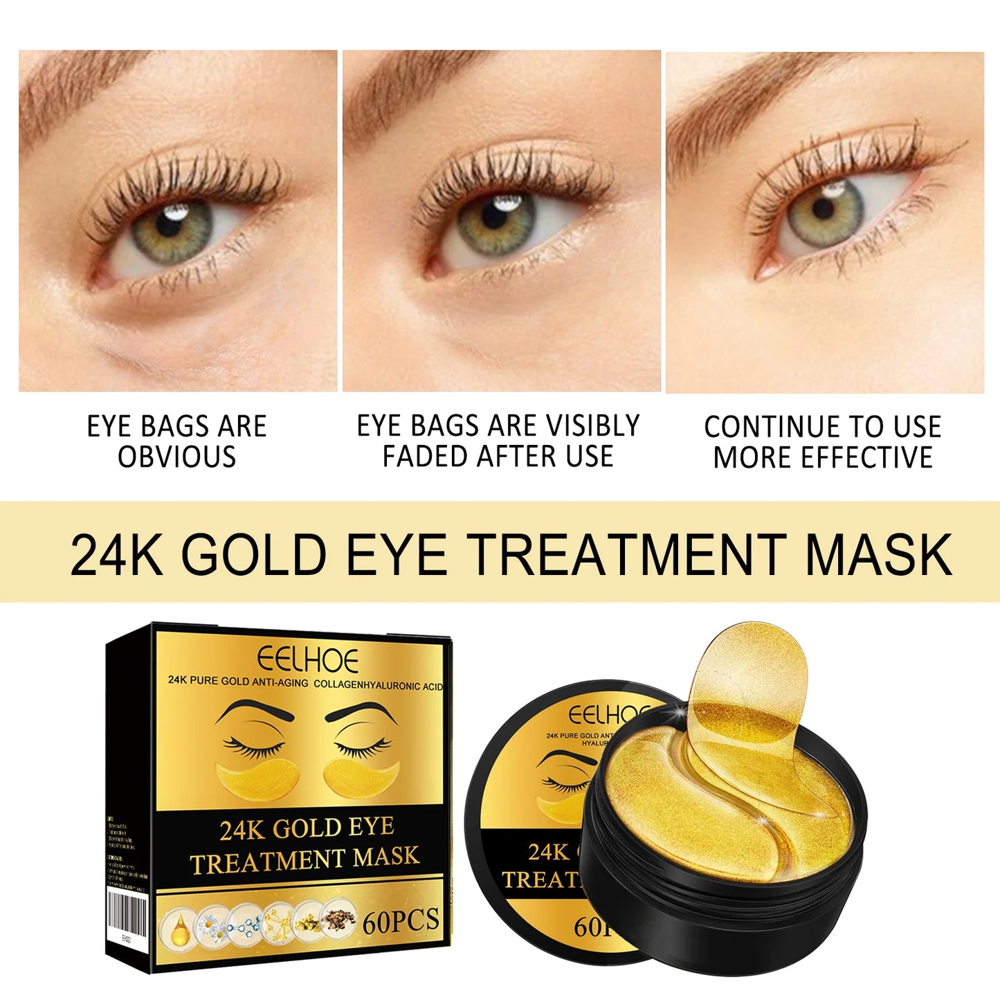 24K Gold Hydrogel Eye Masks – Dark Circles & Puffiness Treatment (60 Pcs)