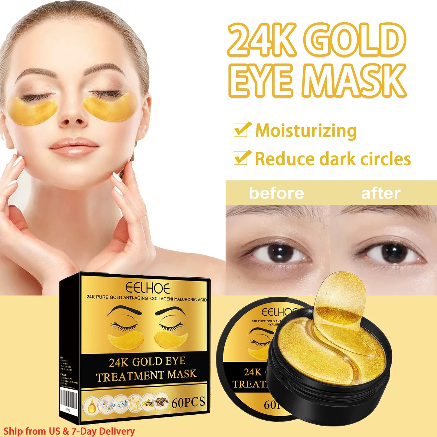 24K Gold Hydrogel Eye Masks – Dark Circles & Puffiness Treatment (60 Pcs)